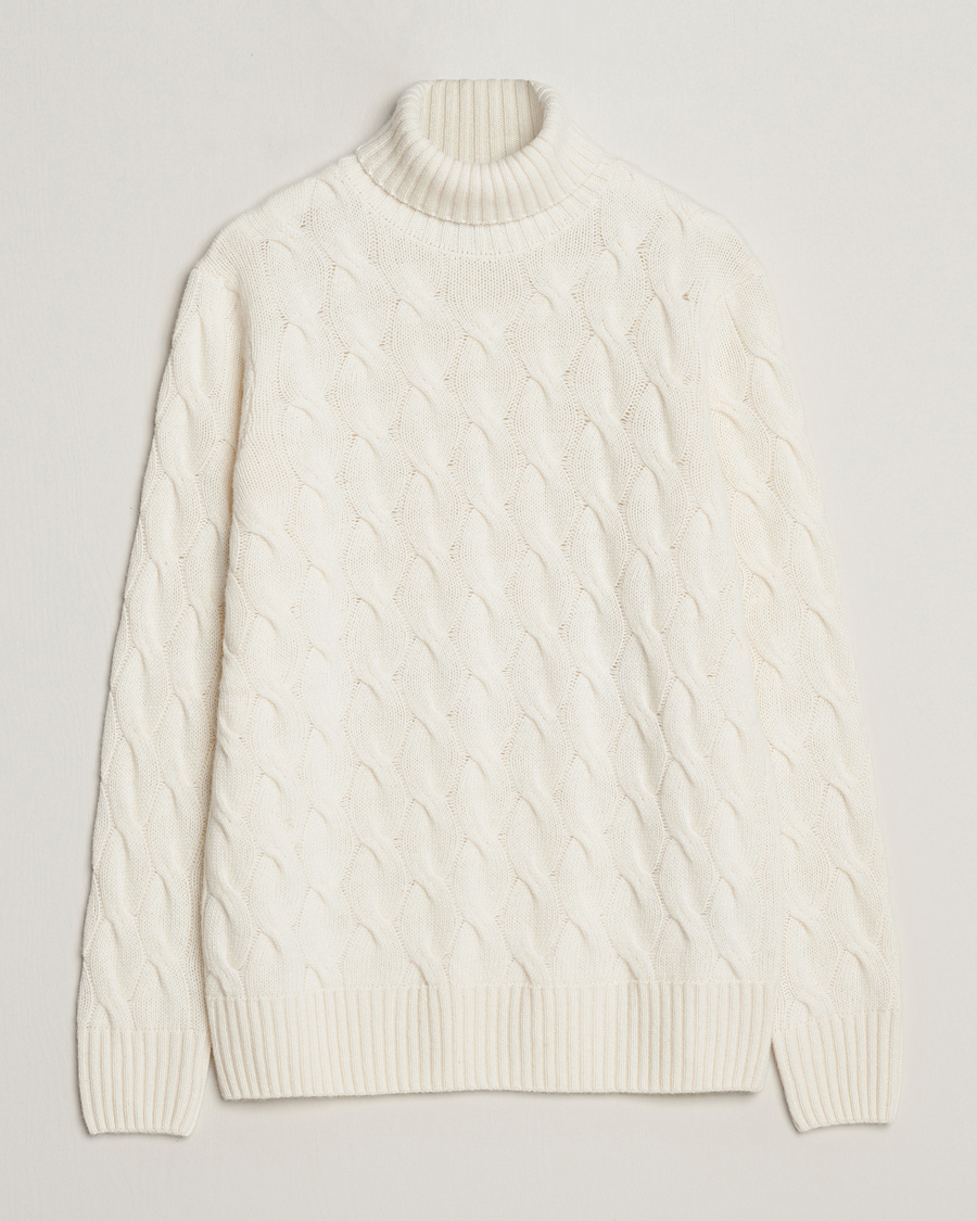 Herre | Trøjer | Oscar Jacobson | Seth Heavy Knitted Wool/Cashmere Cable Rollneck White