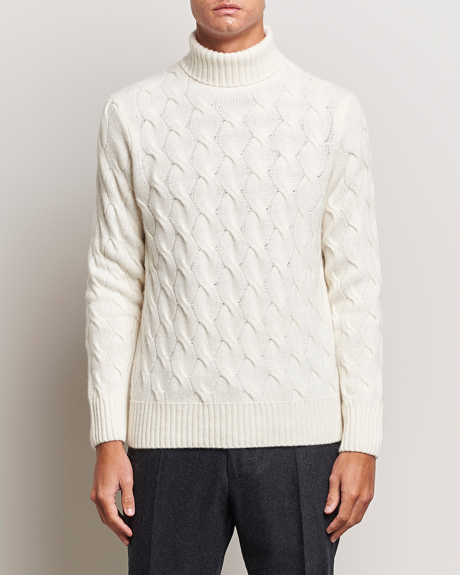 Herre | Trøjer | Oscar Jacobson | Seth Heavy Knitted Wool/Cashmere Cable Rollneck White