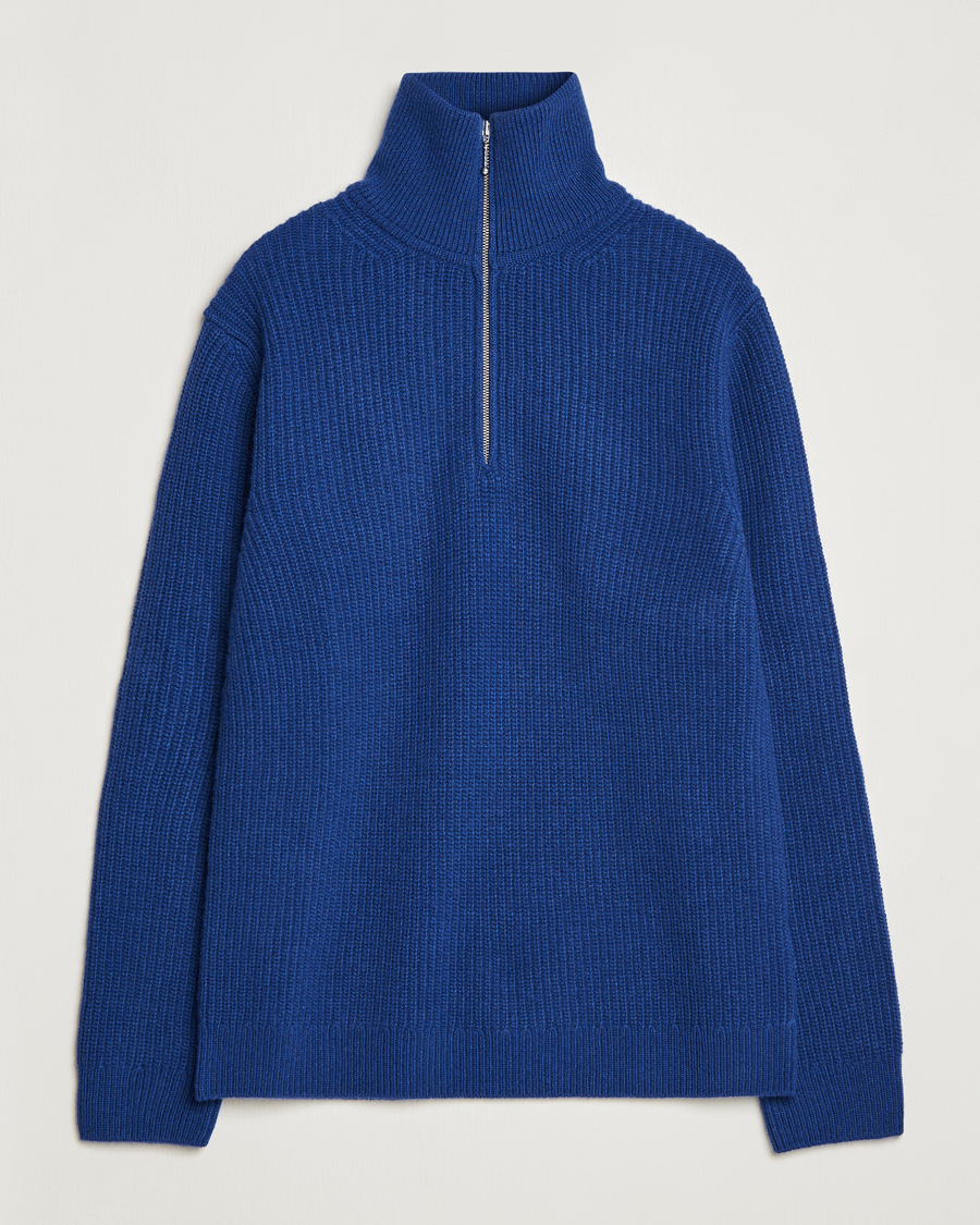 Herre | Trøjer | Nudie Jeans | August Wool Rib Knitted Half Zip Royal Blue