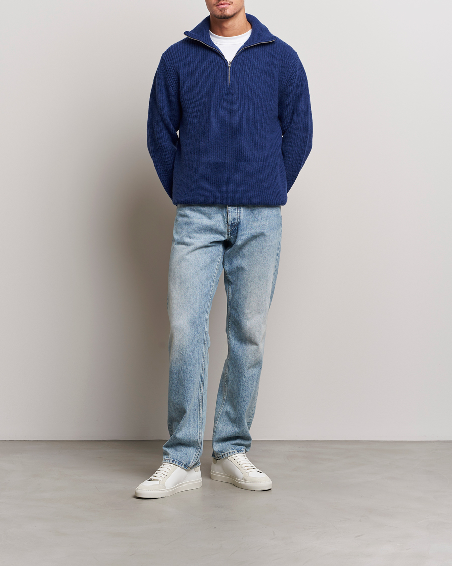 Herre | Trøjer | Nudie Jeans | August Wool Rib Knitted Half Zip Royal Blue