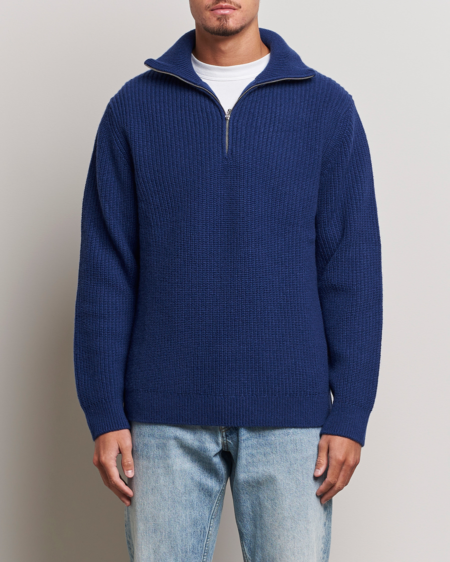 Herre | Trøjer | Nudie Jeans | August Wool Rib Knitted Half Zip Royal Blue