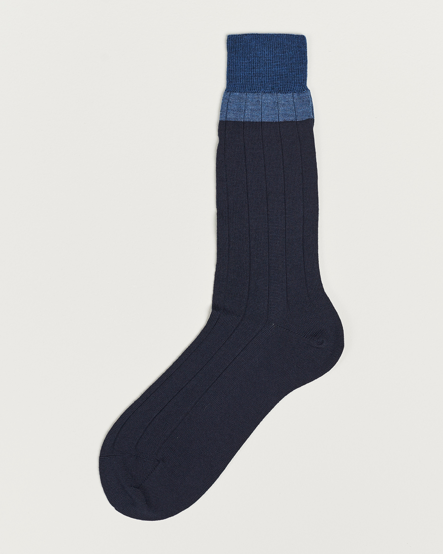 Herre | Undertøj | Bresciani | Wide Ribbed Block Stripe Wool Socks Navy