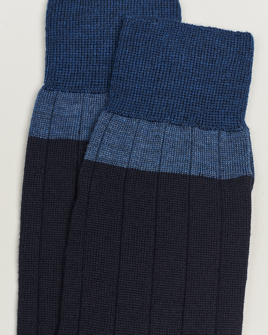 Herre |  | Bresciani | Wide Ribbed Block Stripe Wool Socks Navy