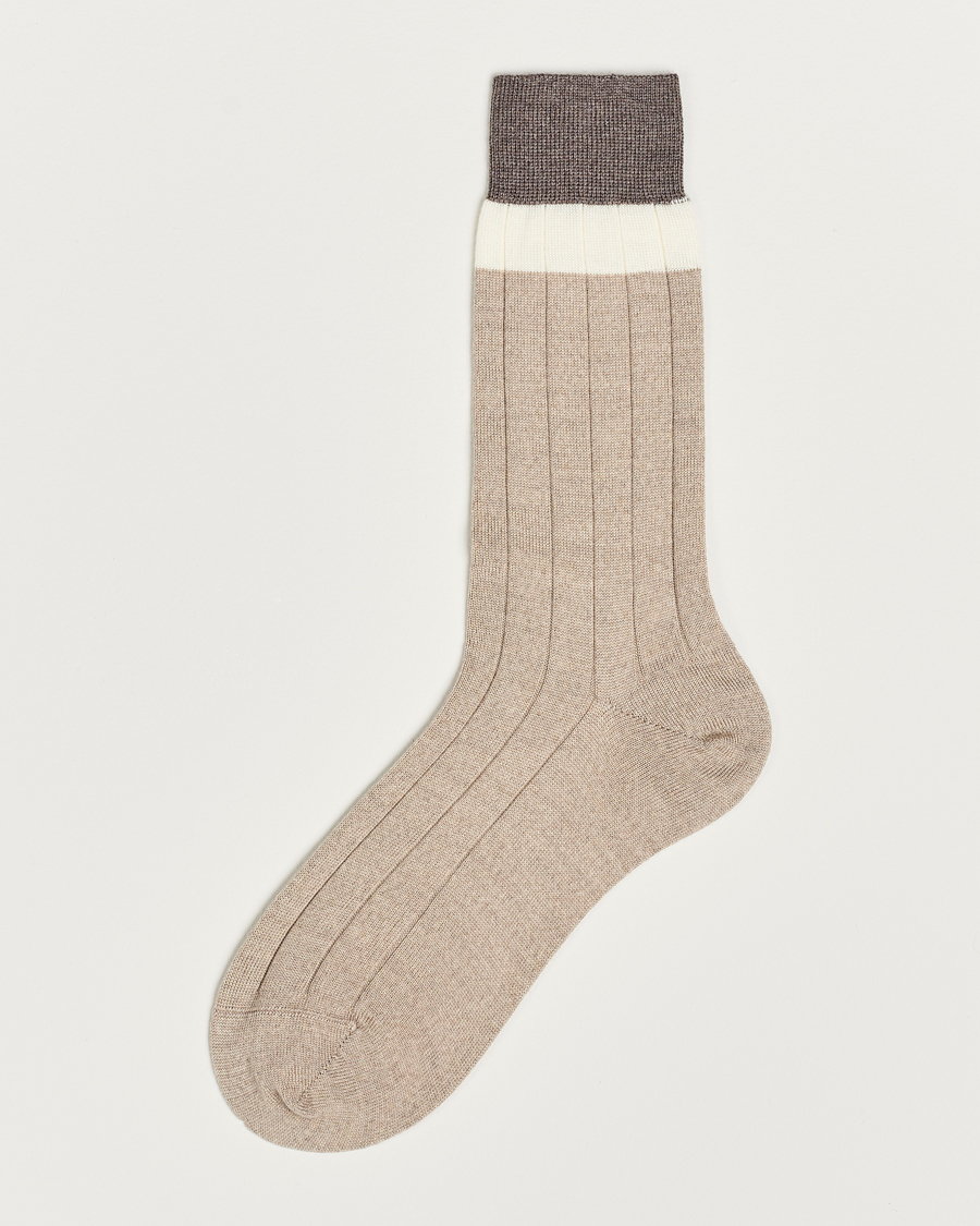 Herre | Undertøj | Bresciani | Wide Ribbed Block Stripe Wool Socks Biege