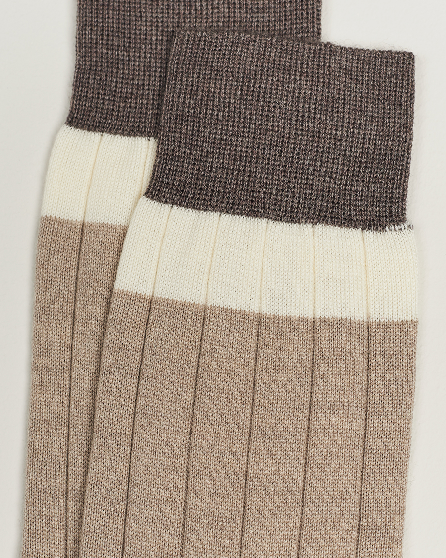 Herre | Undertøj | Bresciani | Wide Ribbed Block Stripe Wool Socks Biege