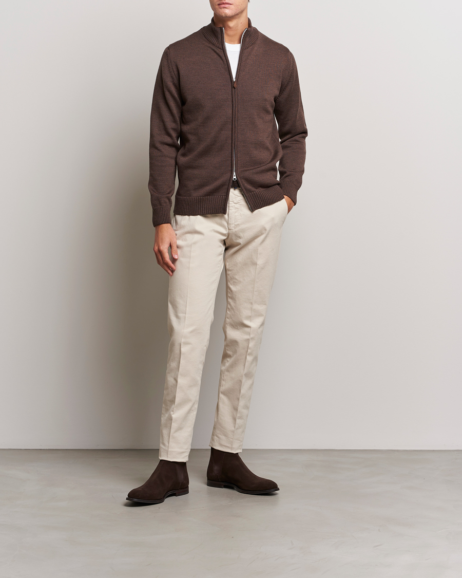 Herre | Trøjer | Stenströms | Chunky Merino Full Zip Cardigan Brown
