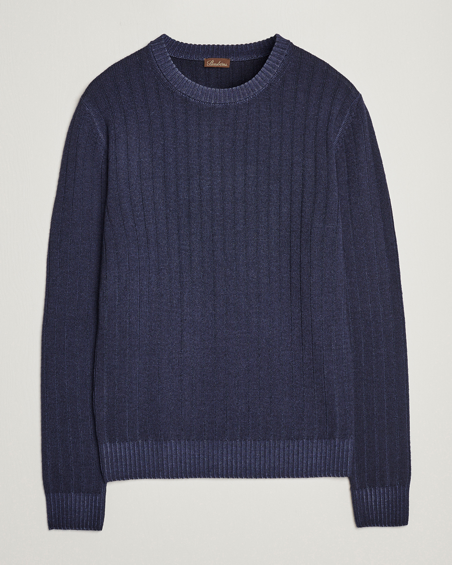 Herre | Trøjer | Stenströms | Garment Dyed Ribbed Merino Wool Crewneck Blue