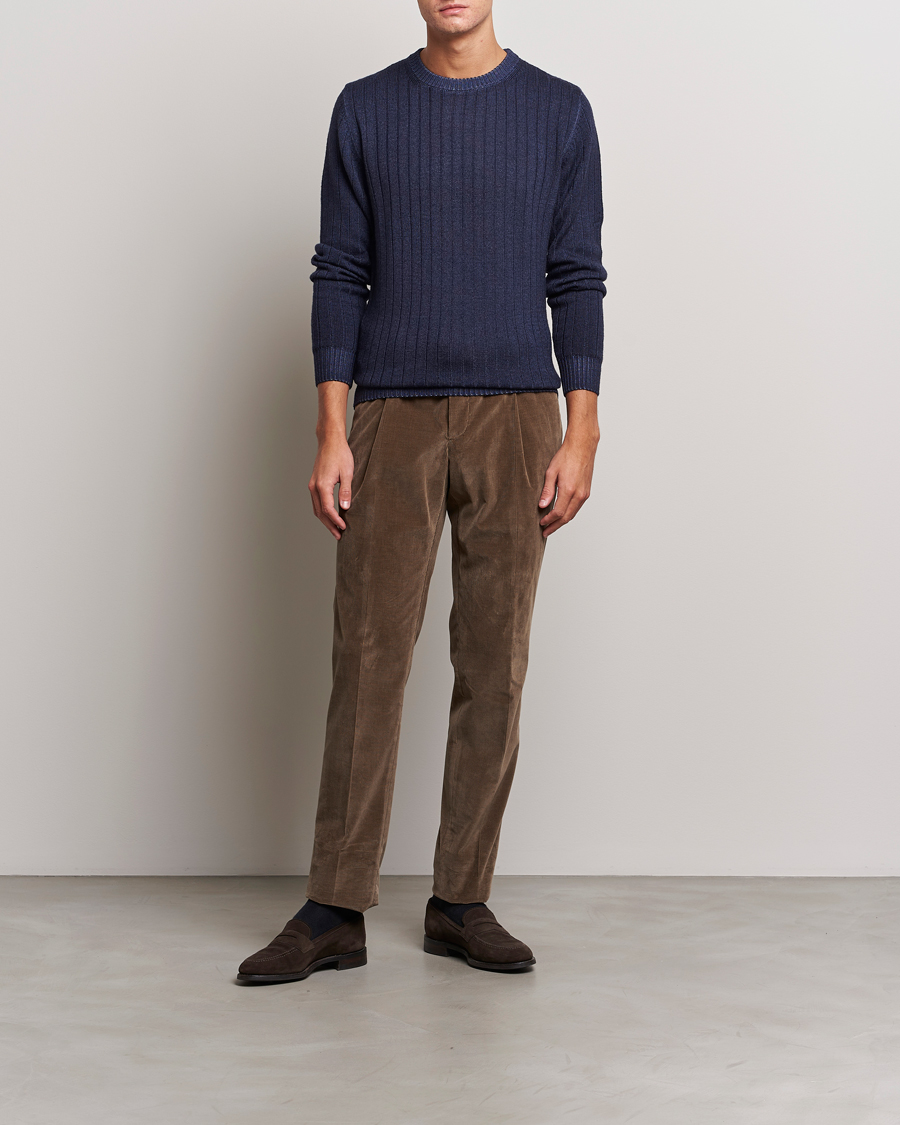 Herre | Trøjer | Stenströms | Garment Dyed Ribbed Merino Wool Crewneck Blue