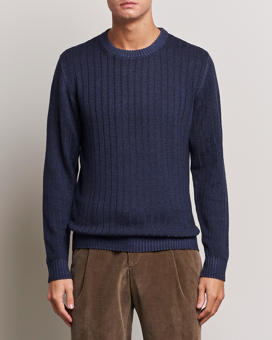 Herre | Trøjer | Stenströms | Garment Dyed Ribbed Merino Wool Crewneck Blue