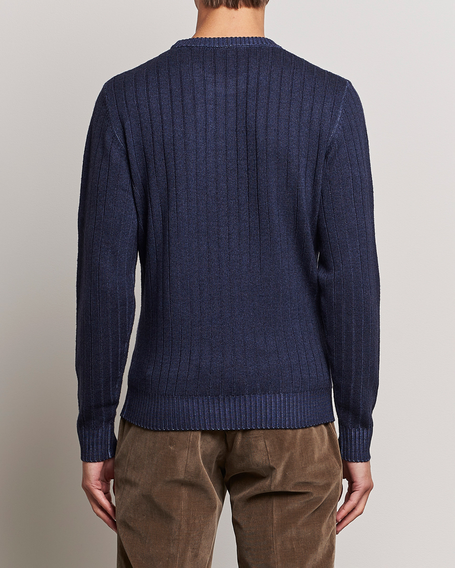 Herre | Trøjer | Stenströms | Garment Dyed Ribbed Merino Wool Crewneck Blue
