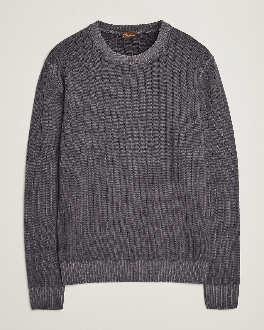 Herre | Trøjer | Stenströms | Garment Dyed Ribbed Merino Wool Crewneck Grey