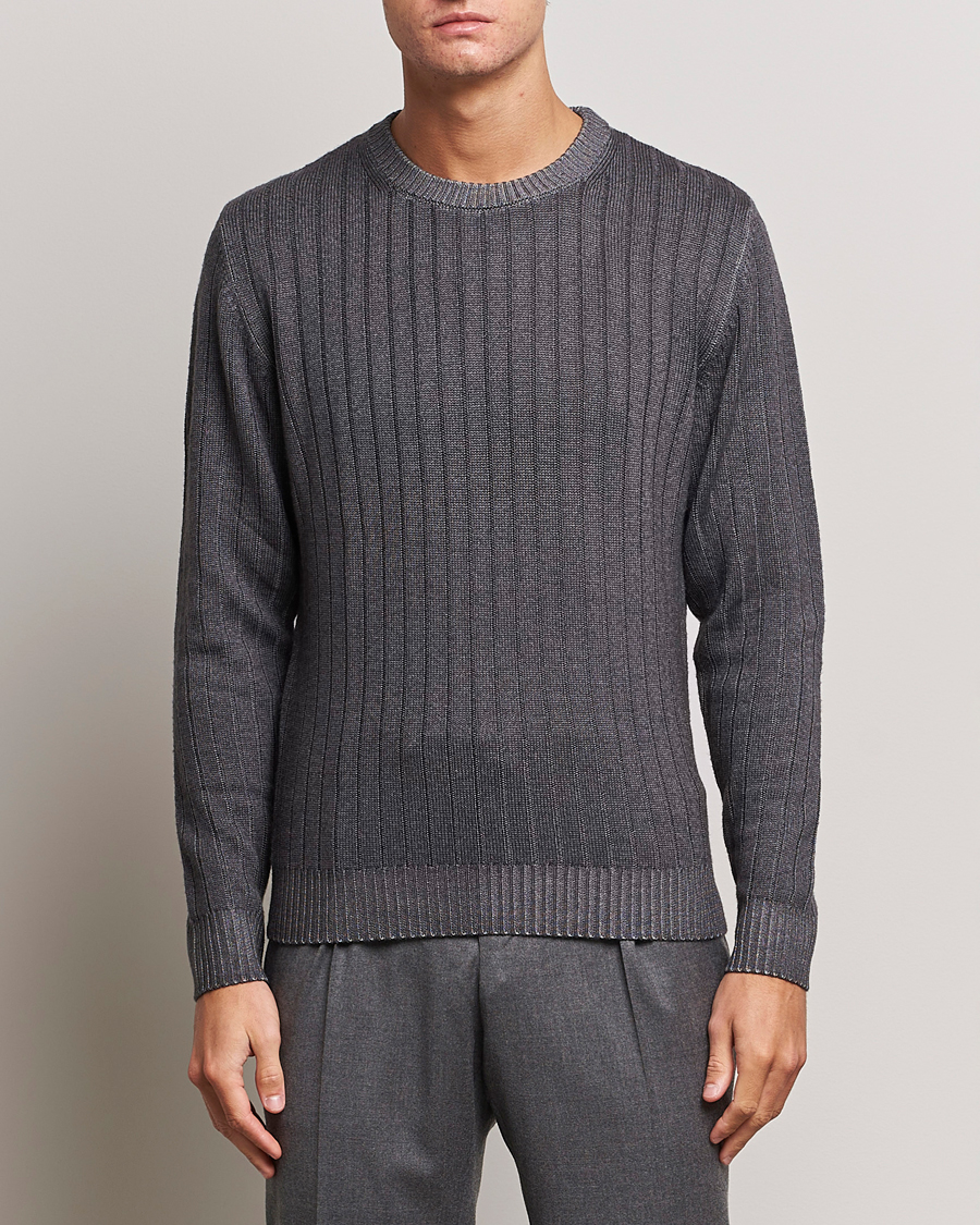 Herre | Trøjer | Stenströms | Garment Dyed Ribbed Merino Wool Crewneck Grey