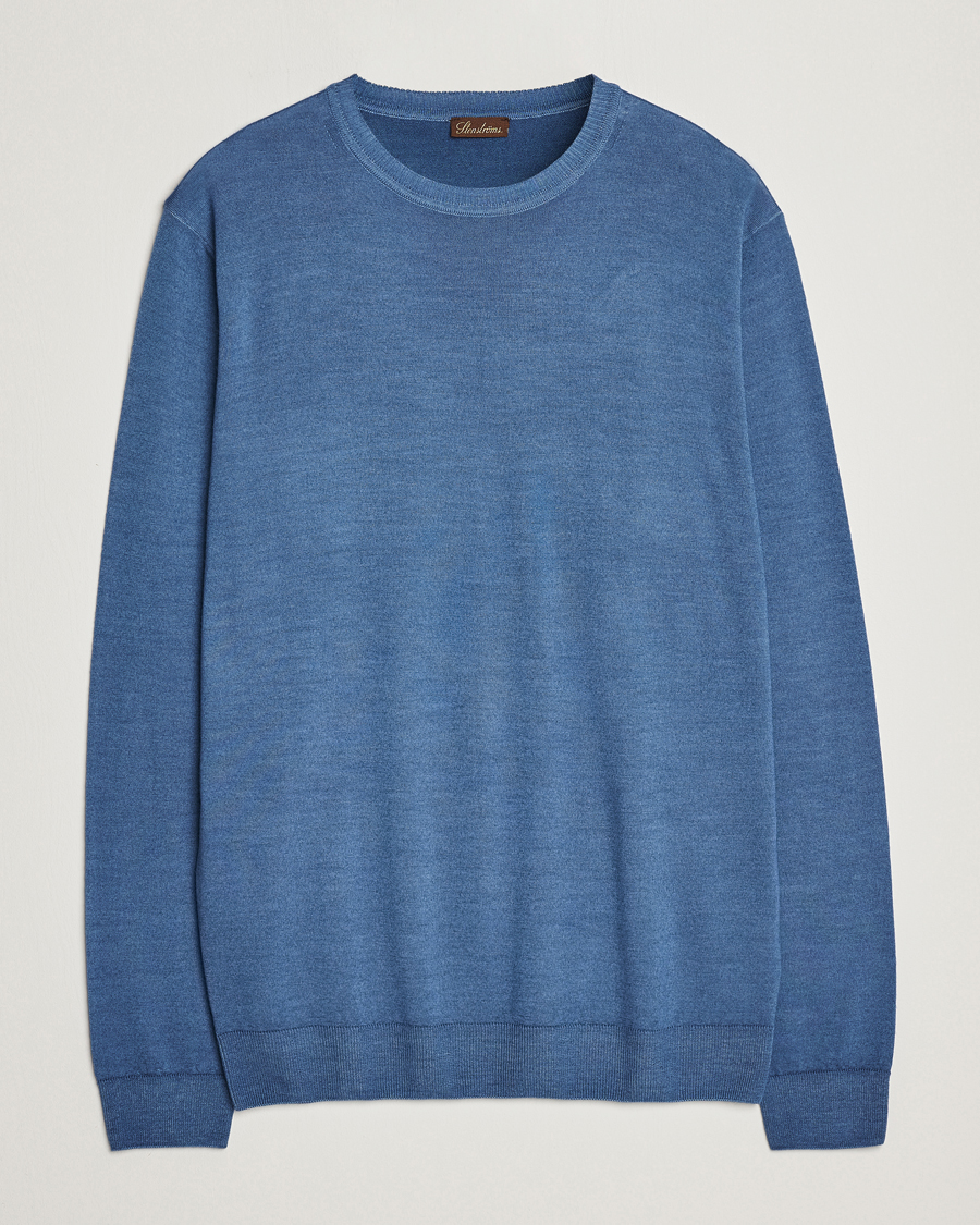 Herre | Trøjer | Stenströms | Garment Dyed Merino Wool Crewneck Blue