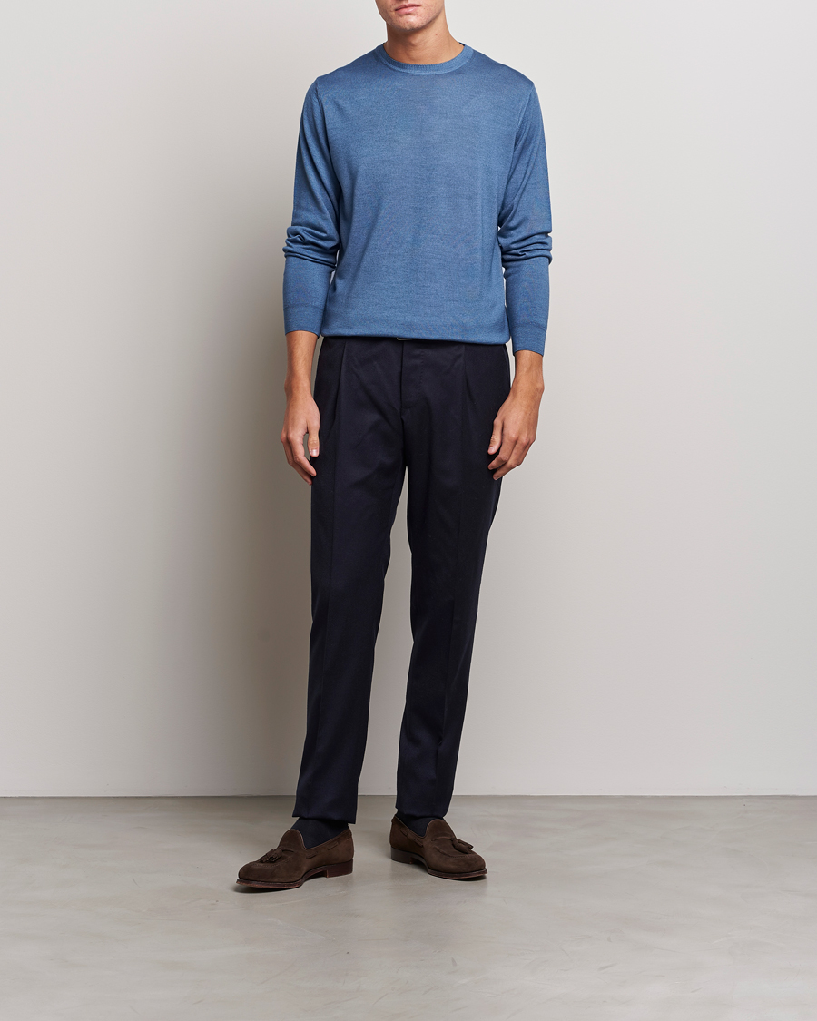 Herre | Trøjer | Stenströms | Garment Dyed Merino Wool Crewneck Blue