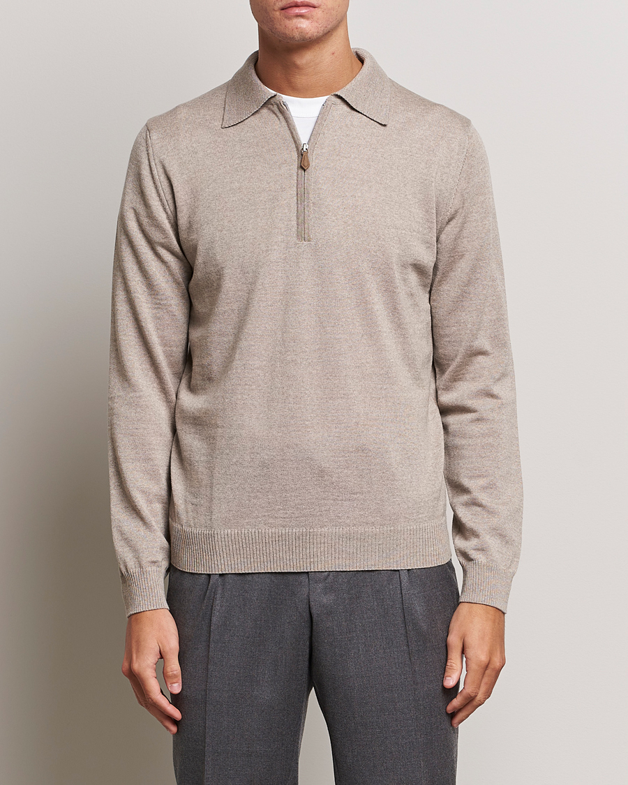 Herre | Trøjer | Stenströms | Merino Wool Zip Polo Beige
