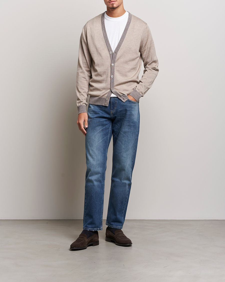 Herre | Trøjer | Stenströms | Merino Wool Contrast Cardigan Beige