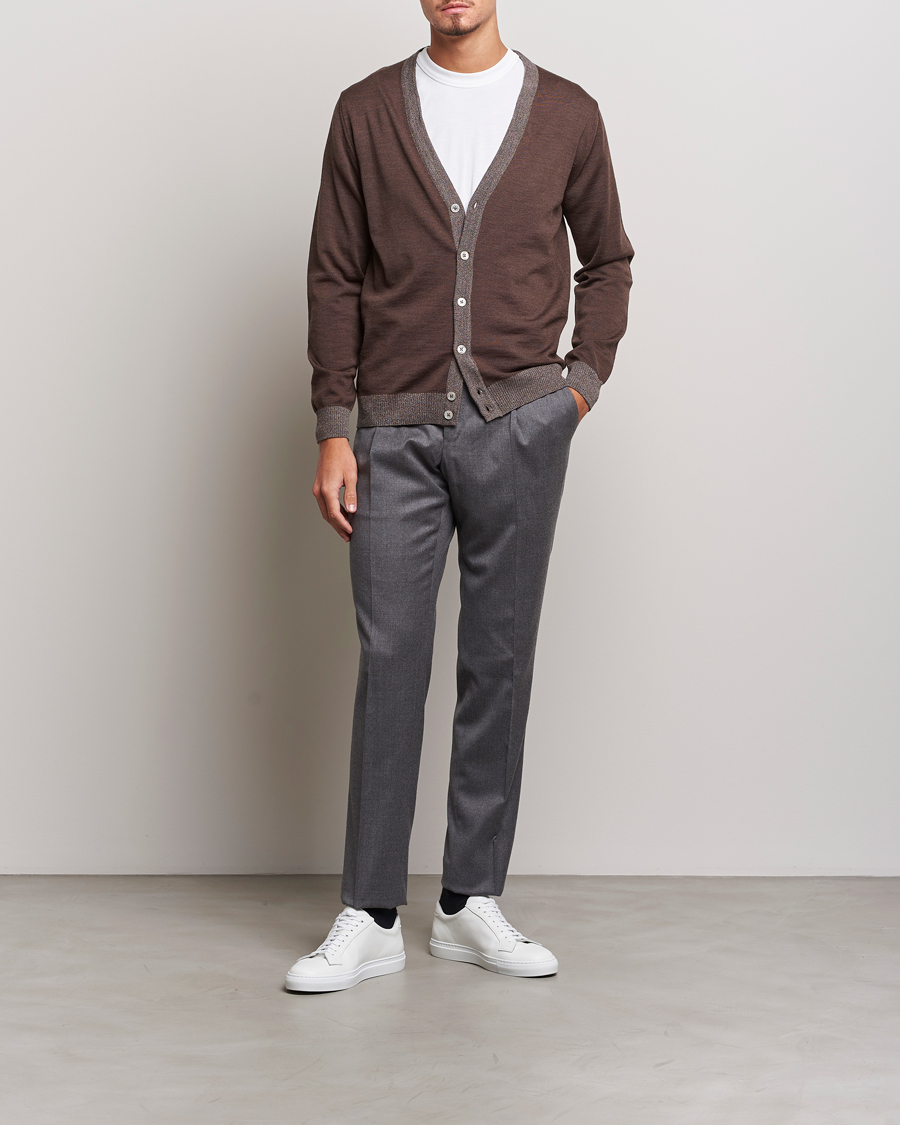 Herre | Trøjer | Stenströms | Merino Wool Contrast Cardigan Brown