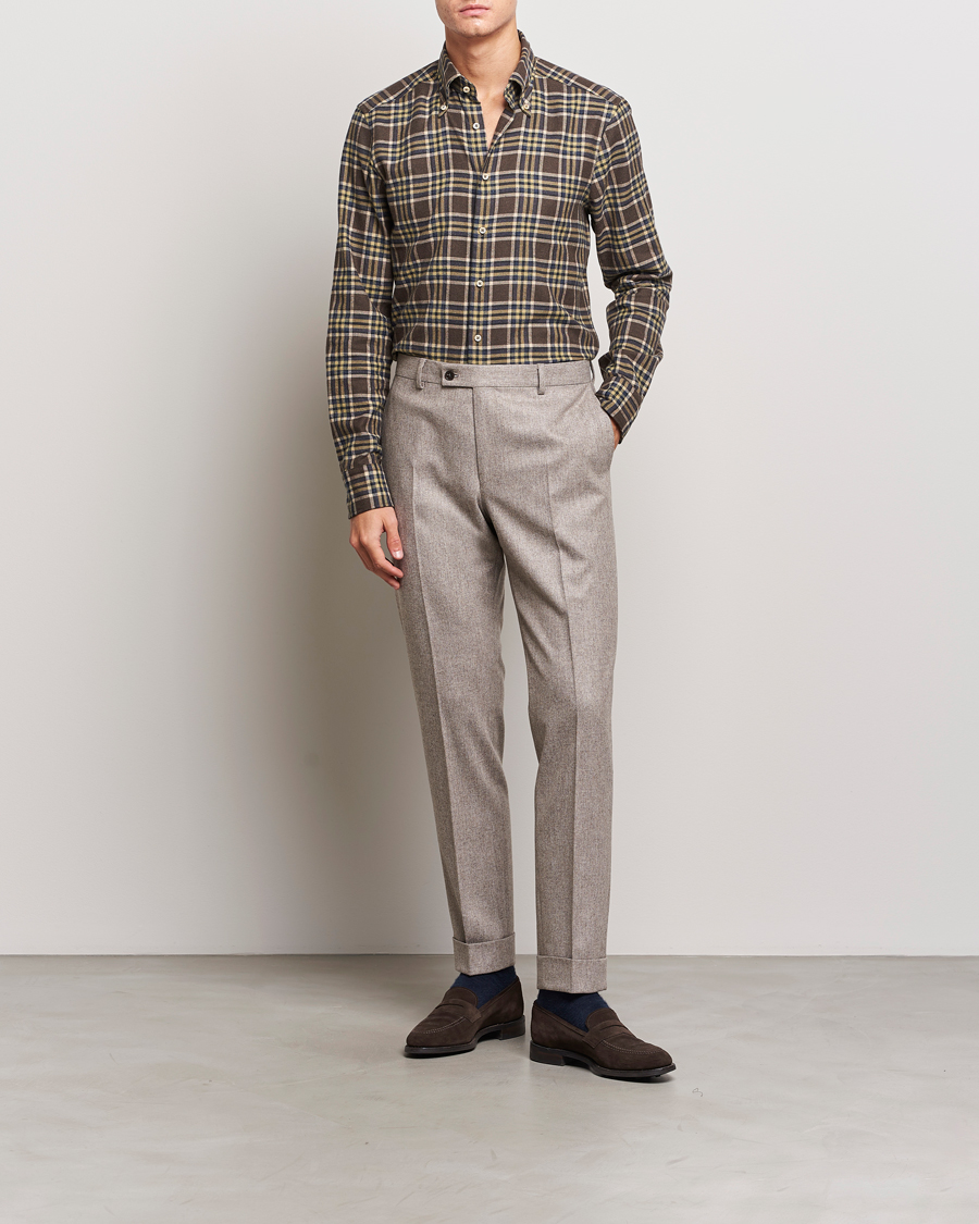 Herre | Skjorter | Stenströms | Slimline Checked Button Down Flannel Shirt Brown