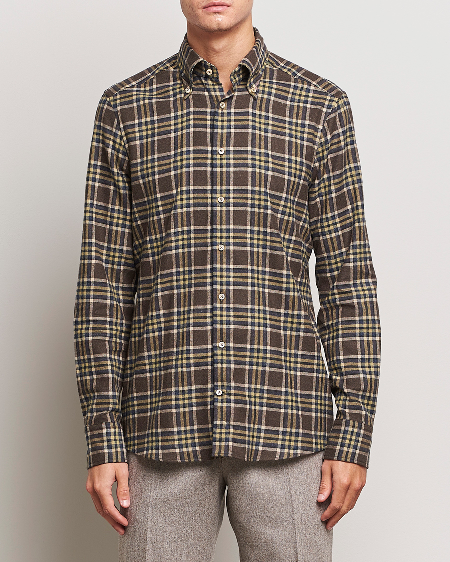 Herre | Skjorter | Stenströms | Slimline Checked Button Down Flannel Shirt Brown