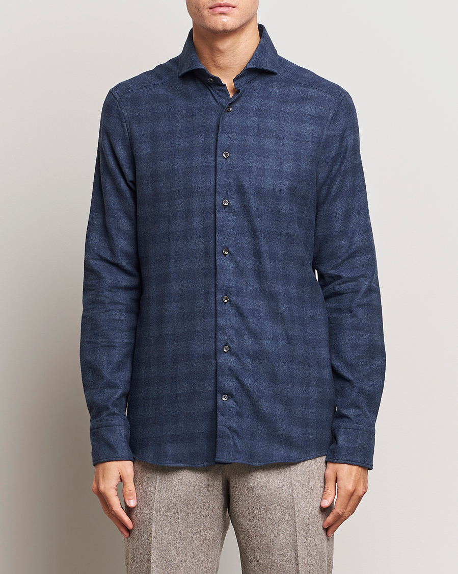 Herre | Flannelskjorter | Stenströms | Slimline Checked Cut Away Flannel Shirt Navy