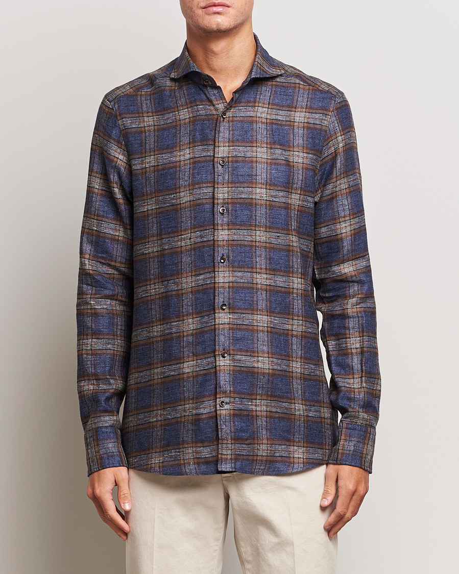 Herre | Flannelskjorter | Stenströms | Slimline Checked Linen Flannel Shirt Brown