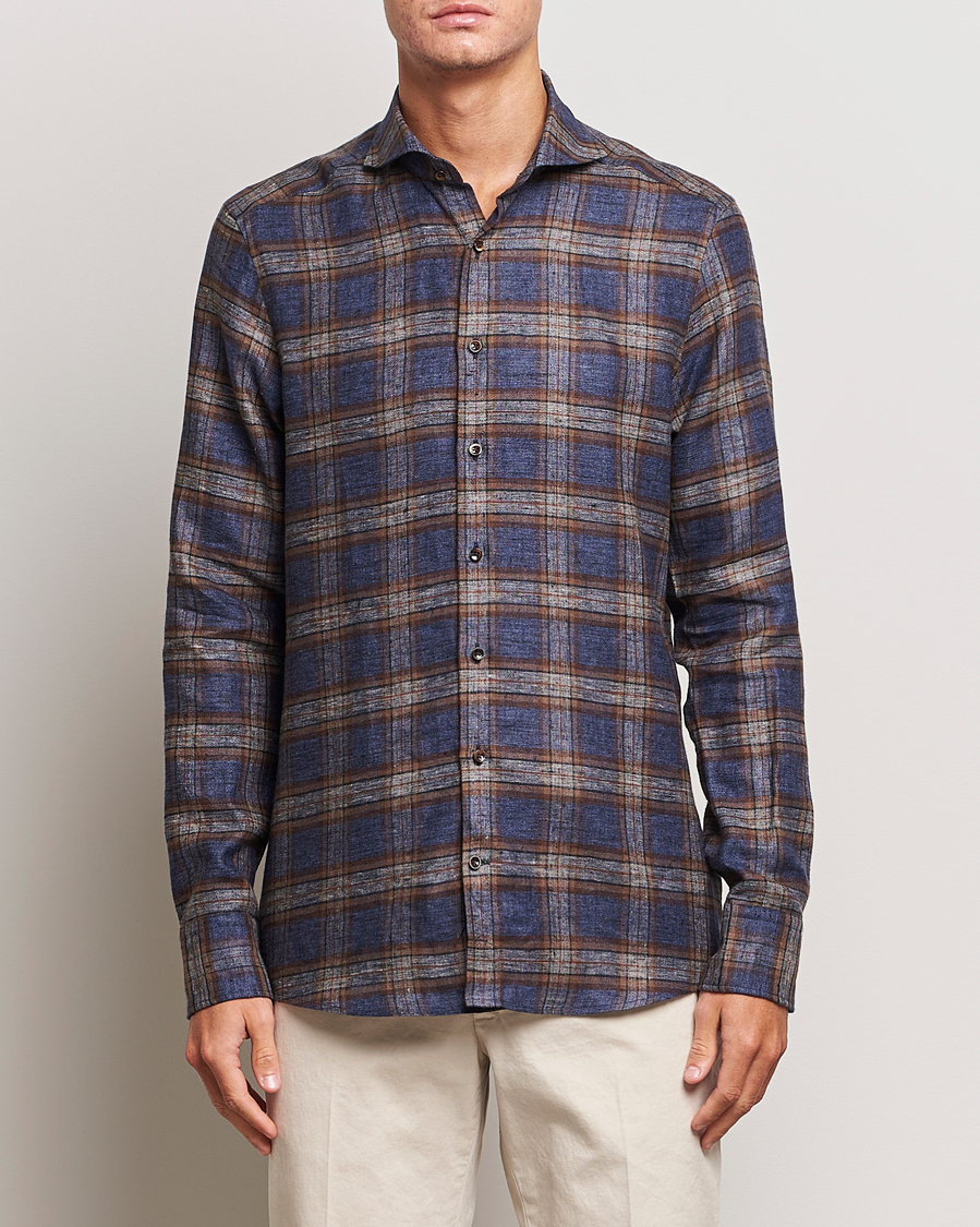Herre | Skjorter | Stenströms | Slimline Checked Linen Flannel Shirt Brown