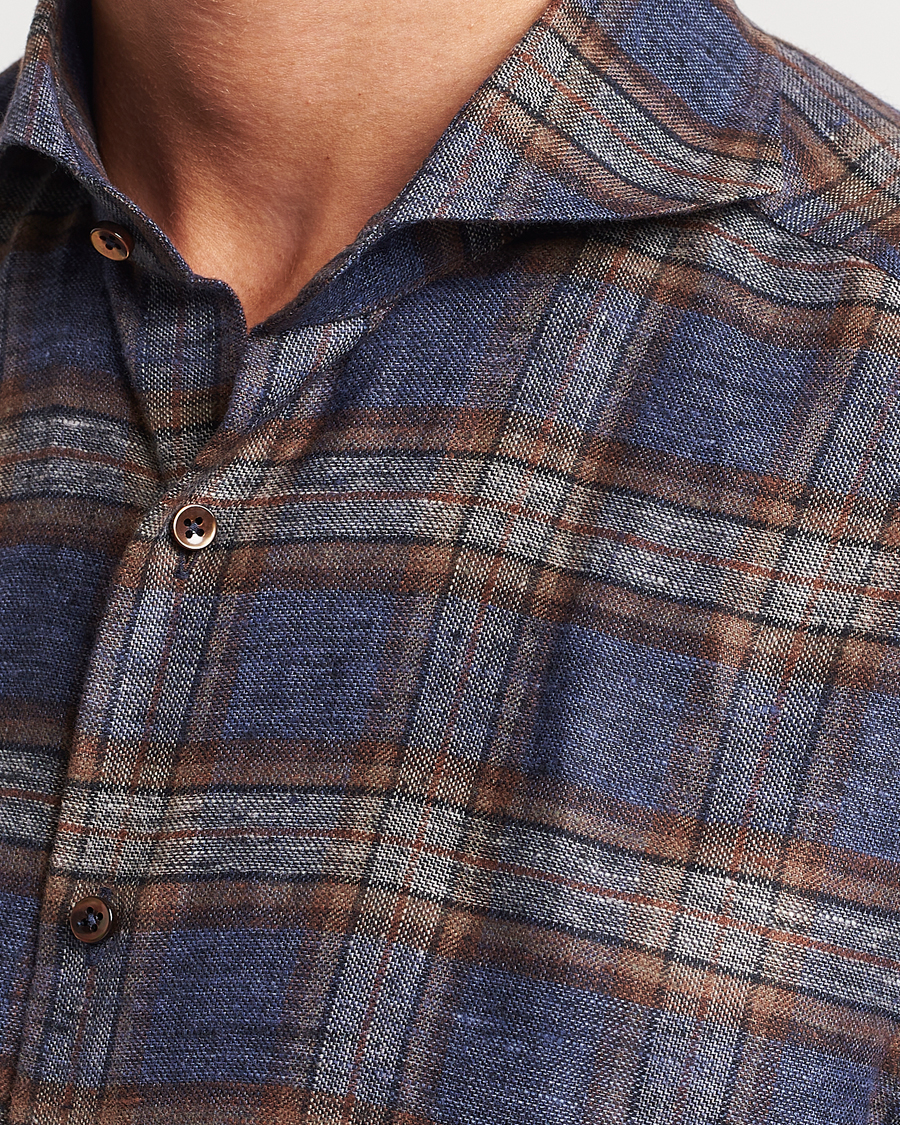 Herre | Skjorter | Stenströms | Slimline Checked Linen Flannel Shirt Brown