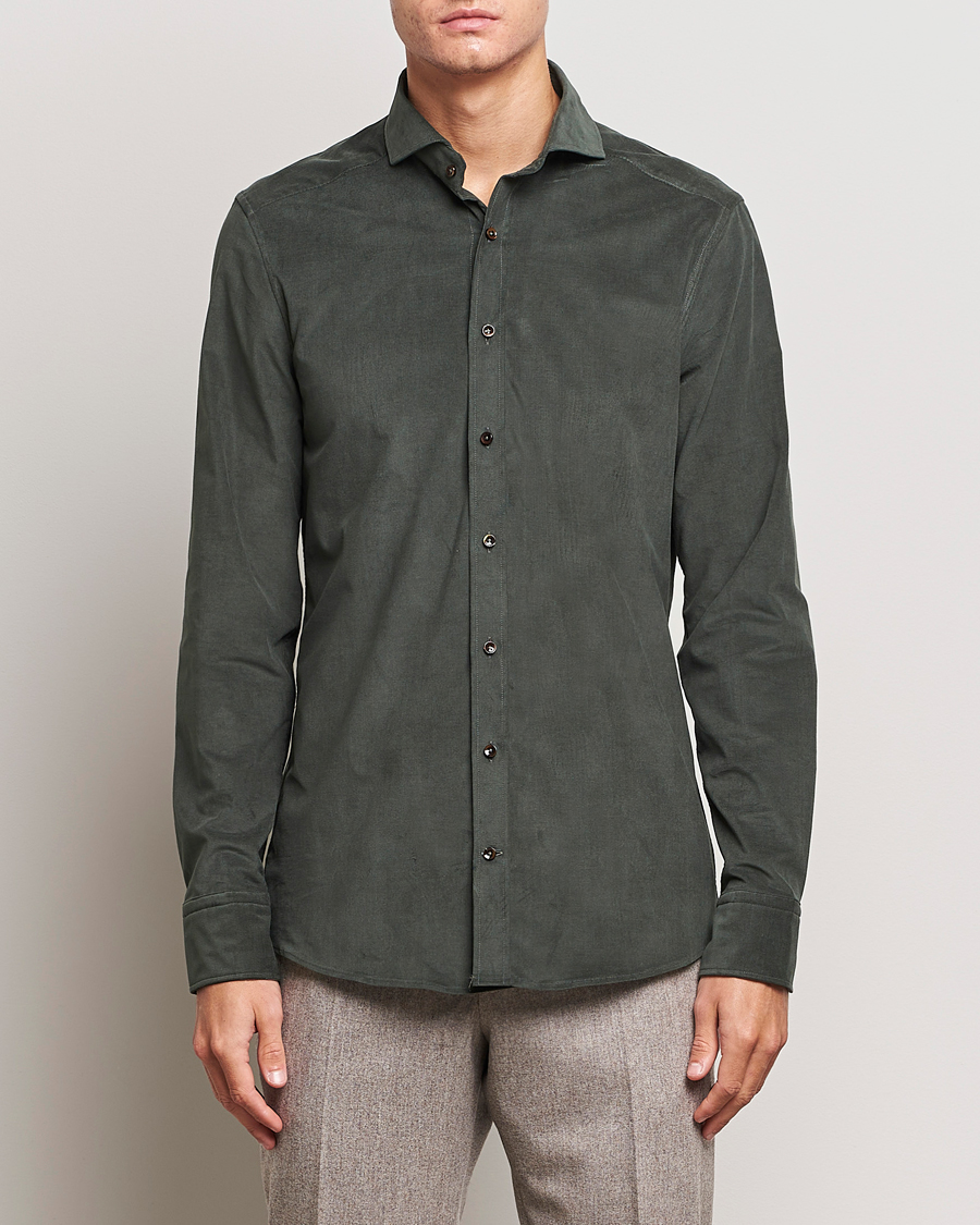 Herre | Skjorter | Stenströms | Slimline Cut Away Corduroy Shirt Dark Green