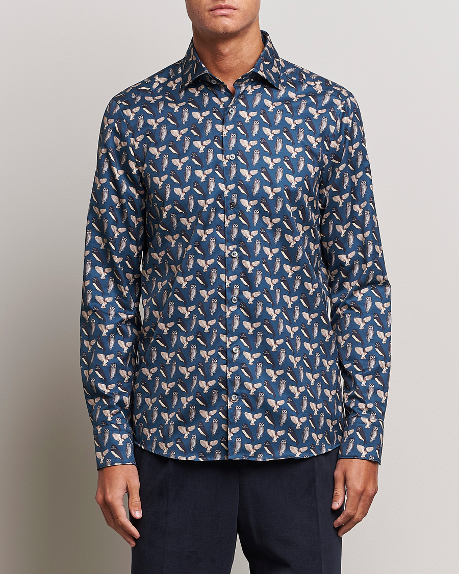 Herre | Skjorter | Stenströms | Slimline Owl Printed Cut Away Shirt Blue