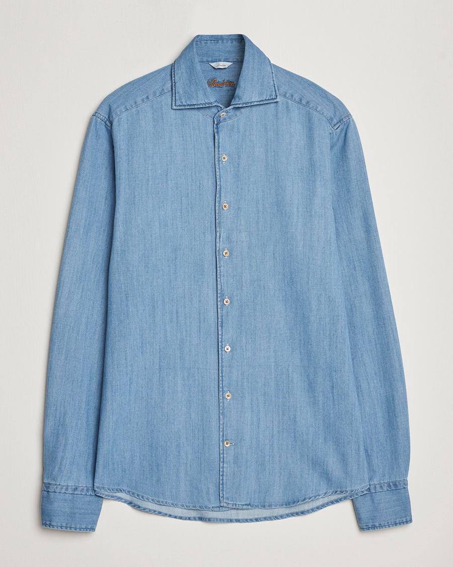 Herre | Skjorter | Stenströms | Slimline One Piece Collar Denim Shirt Light Blue