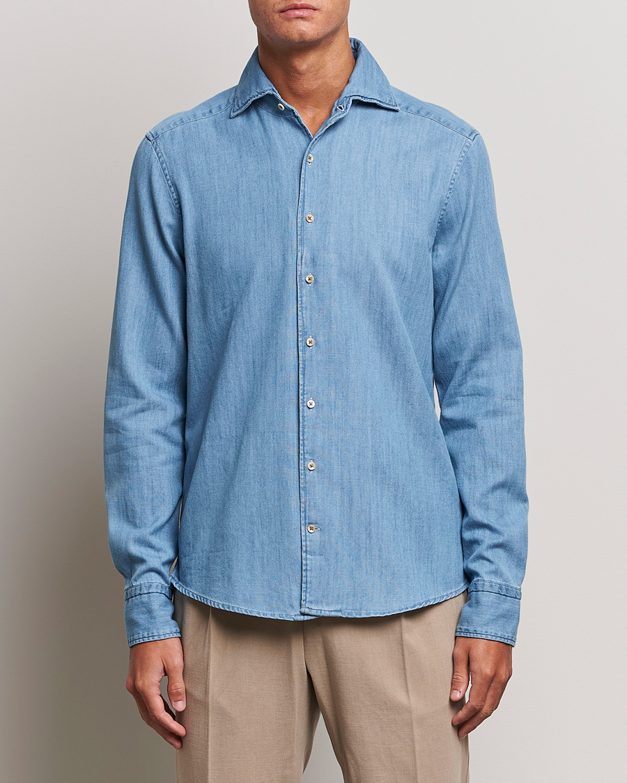 Herre | Denimskjorter | Stenströms | Slimline One Piece Collar Denim Shirt Light Blue