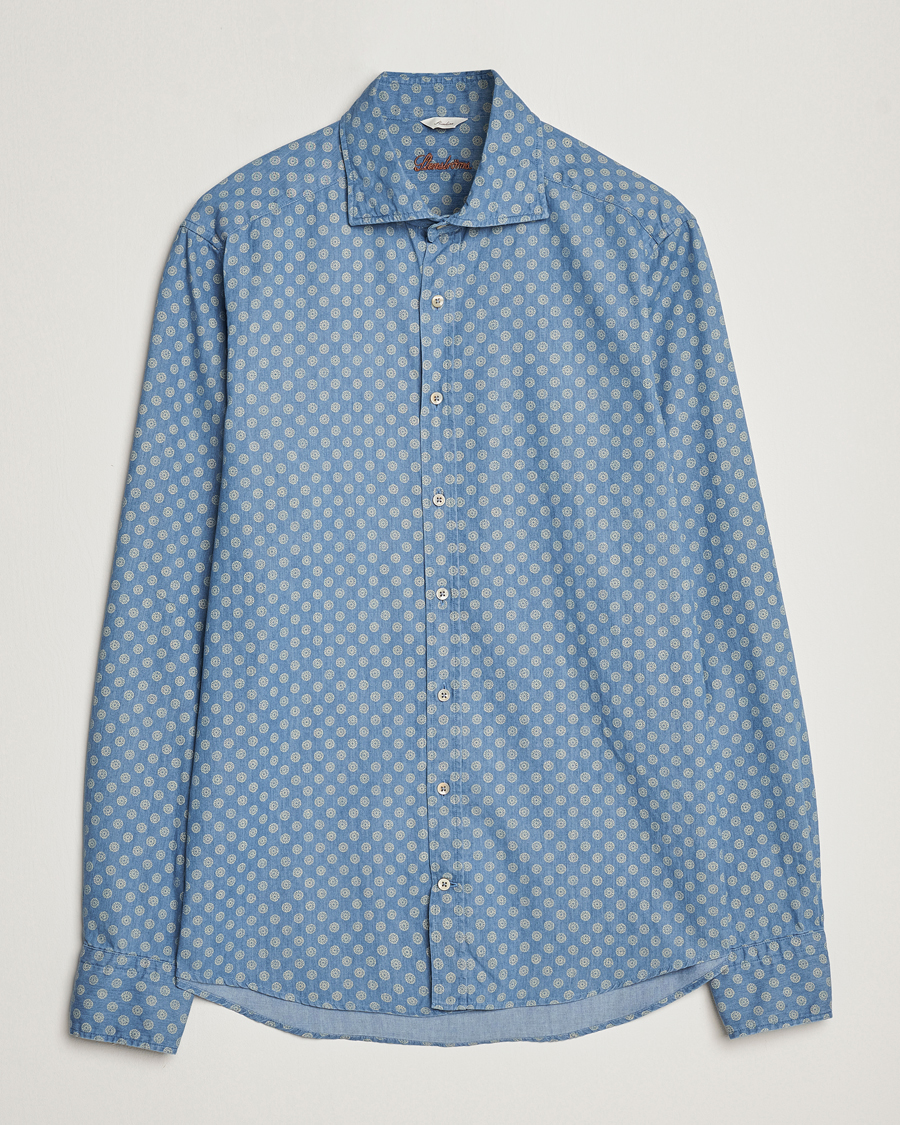 Herre | Skjorter | Stenströms | Slimline Printed Cut Away Denim Shirt Light Blue