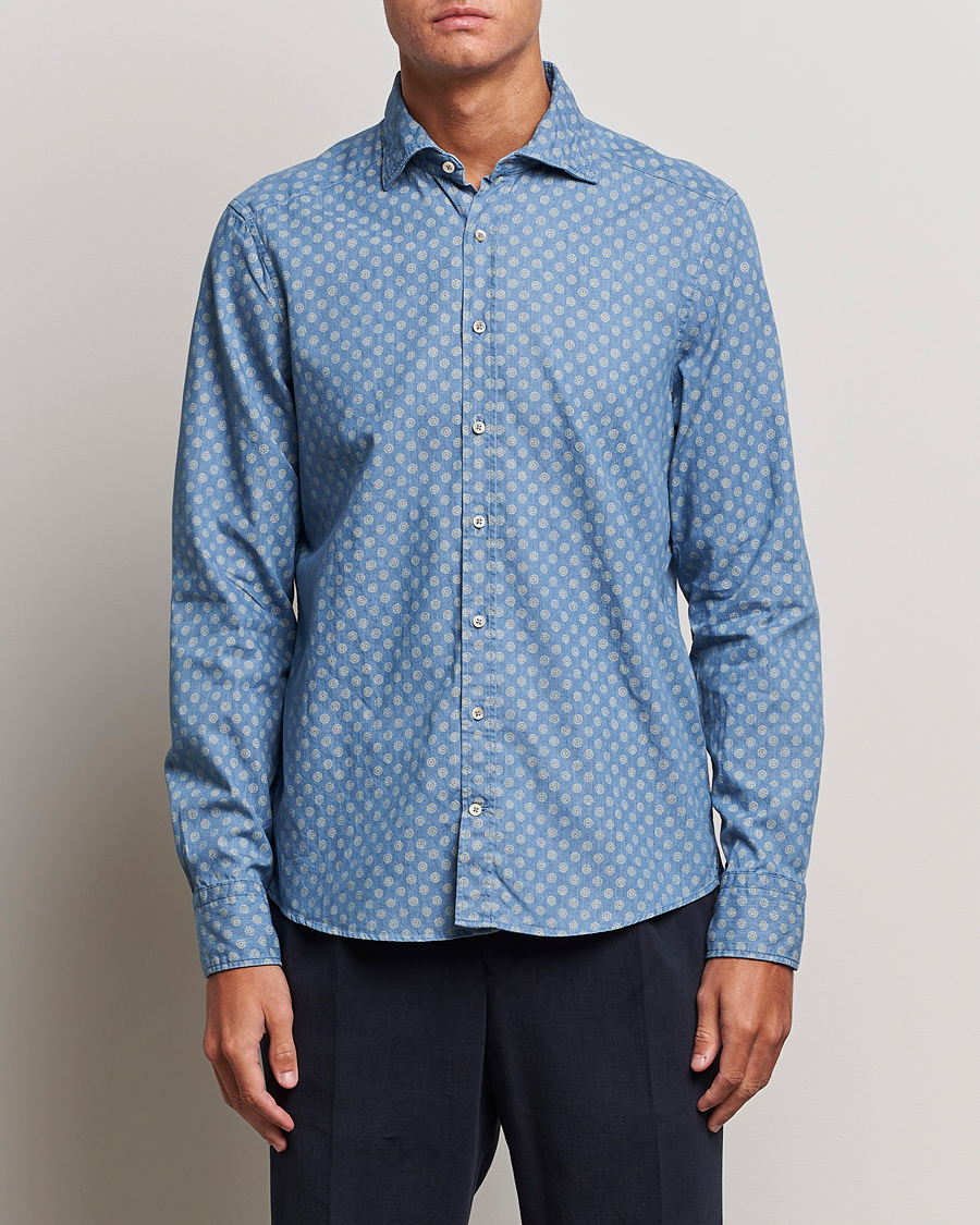 Herre | Denimskjorter | Stenströms | Slimline Printed Cut Away Denim Shirt Light Blue