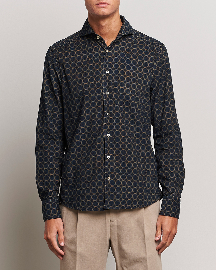 Herre |  | Stenströms | Slimline Babycord Printed Cut Away Shirt Navy