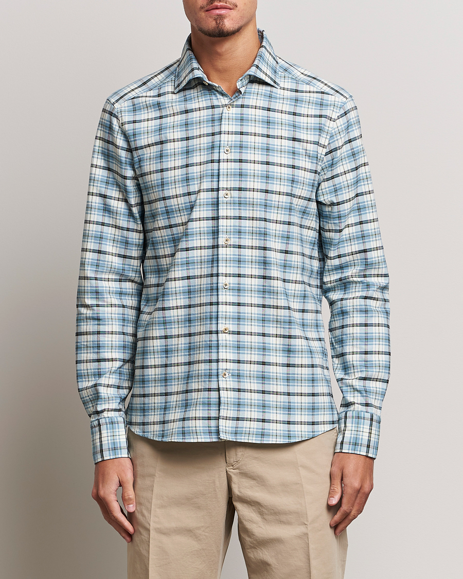 Herre | Udsalg | Stenströms | Slimline Checked Oxford Cut Away Shirt Light Blue