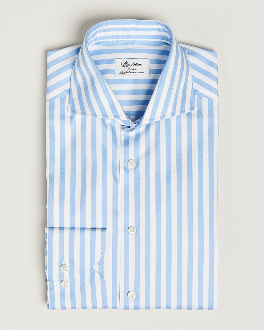 Herre | Skjorter | Stenströms | Slimline Bold Stripe 2-Fold Cut Away Shirt Light Blue