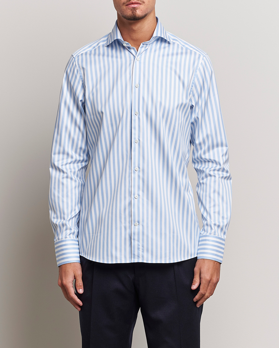 Herre | Skjorter | Stenströms | Slimline Bold Stripe 2-Fold Cut Away Shirt Light Blue