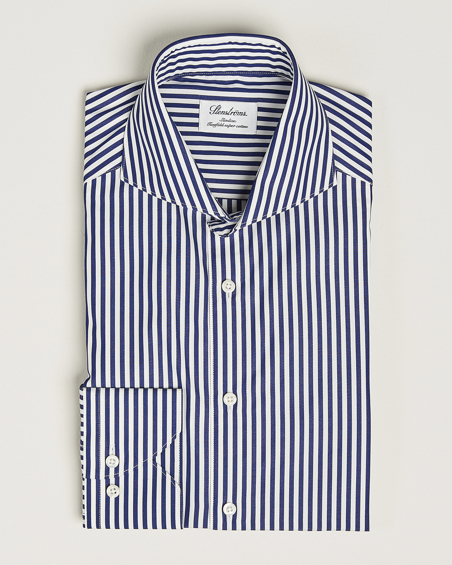 Herre | Skjorter | Stenströms | Slimline Striped Popline Cut Away Shirt Navy