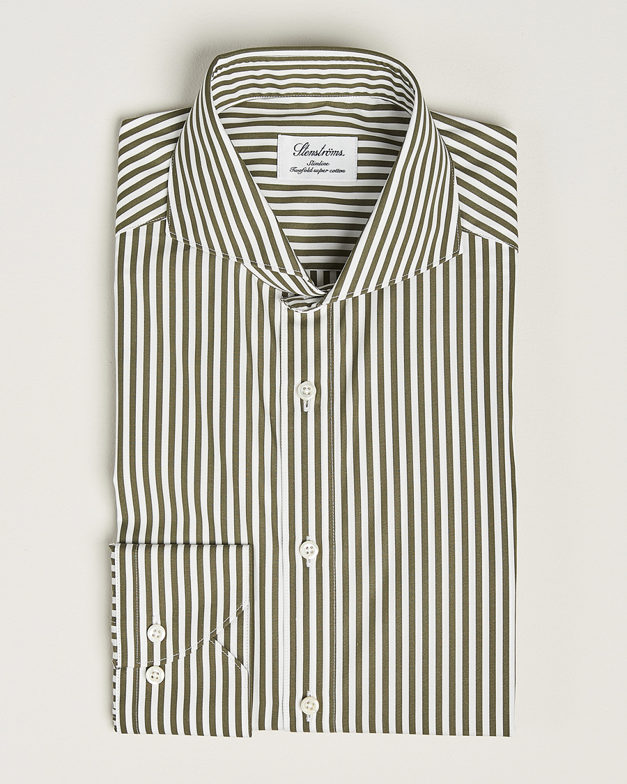 Herre |  | Stenströms | Slimline Striped Popline Cut Away Shirt Green