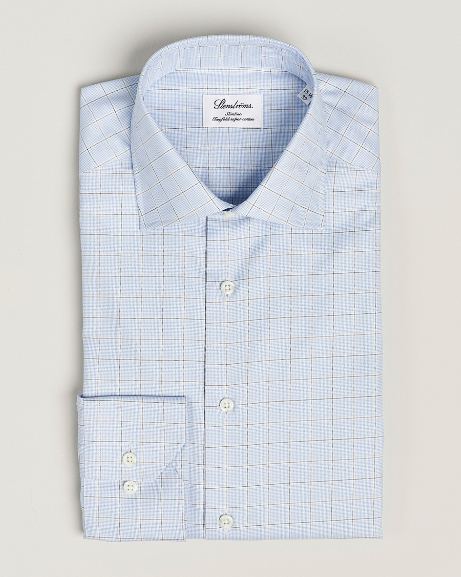 Herre | Skjorter | Stenströms | Slimline Houndstooth Checked Cut Away Shirt Blue