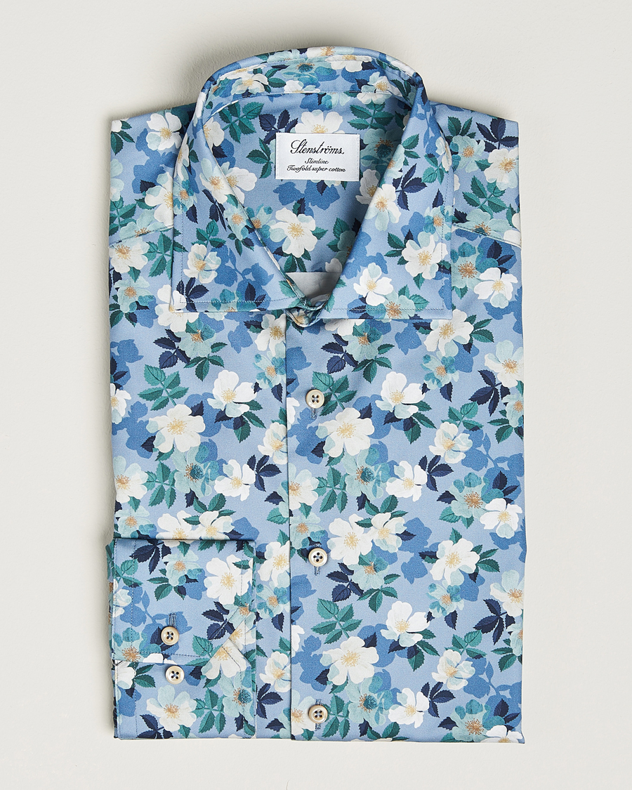 Herre | Skjorter | Stenströms | Slimline Printed Flower Cut Away Shirt Blue