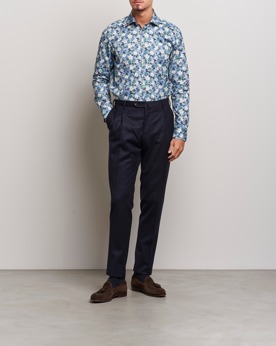 Herre | Skjorter | Stenströms | Slimline Printed Flower Cut Away Shirt Blue