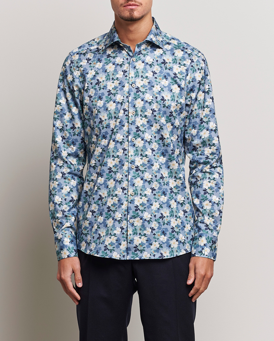 Herre | Skjorter | Stenströms | Slimline Printed Flower Cut Away Shirt Blue