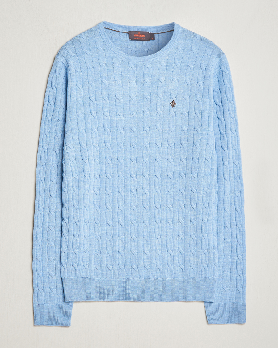 Herre | Trøjer | Morris | Merino Cable Crew Neck Light Blue