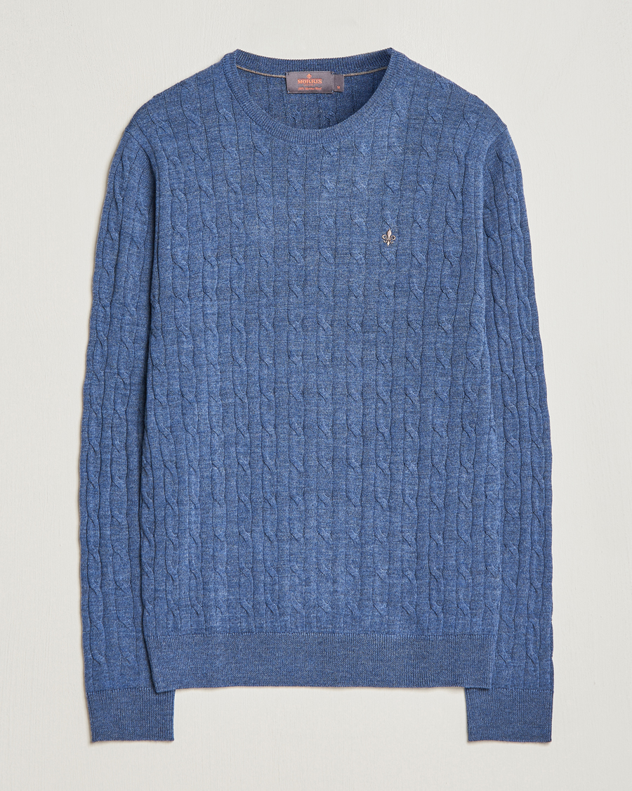 Herre | Trøjer | Morris | Merino Cable Crew Neck Blue