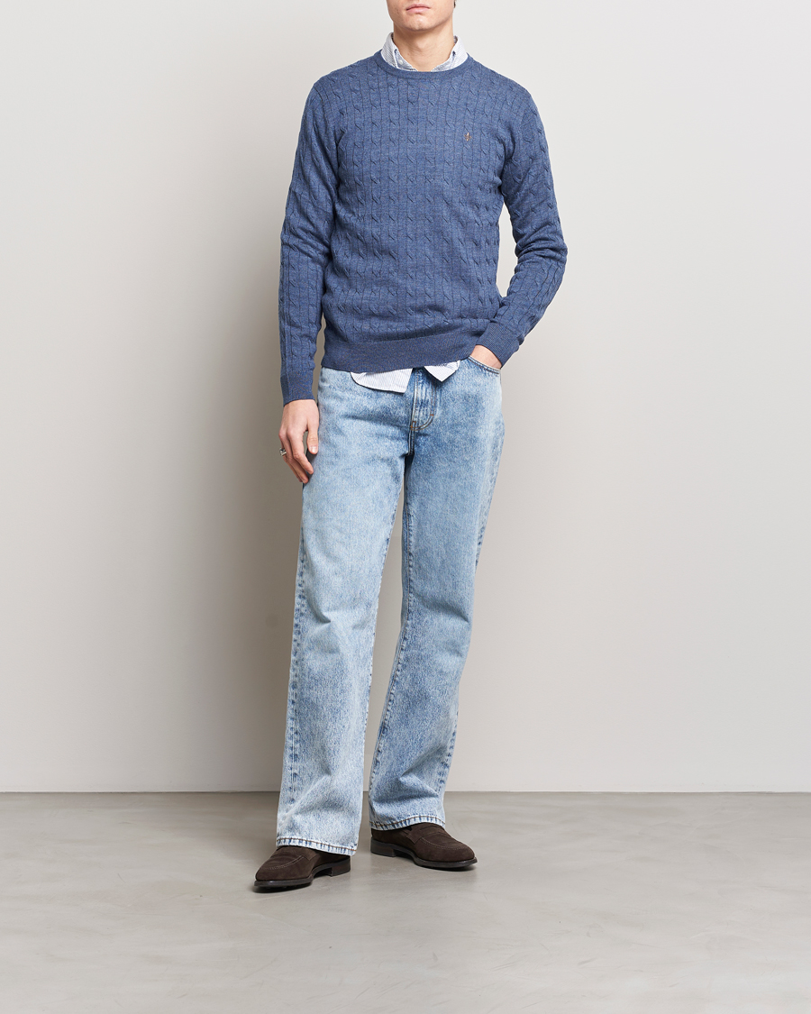 Herre | Trøjer | Morris | Merino Cable Crew Neck Blue