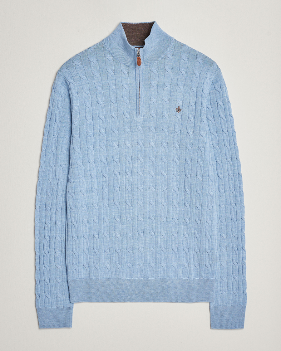 Herre | Trøjer | Morris | Merino Cable Half Zip Light Blue