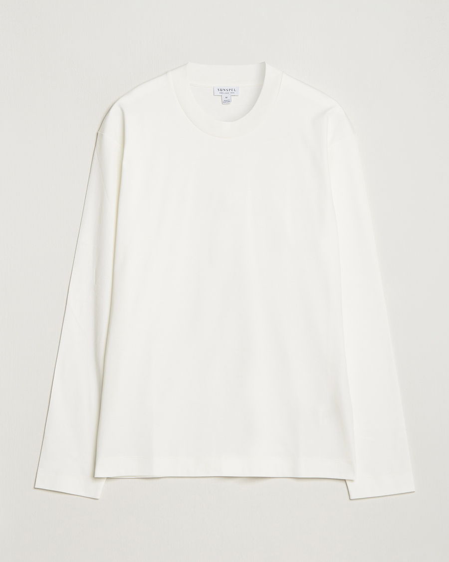 Herre | T-Shirts | Sunspel | Heavyweight Mock Neck Long Sleeve T-Shirt Ecru