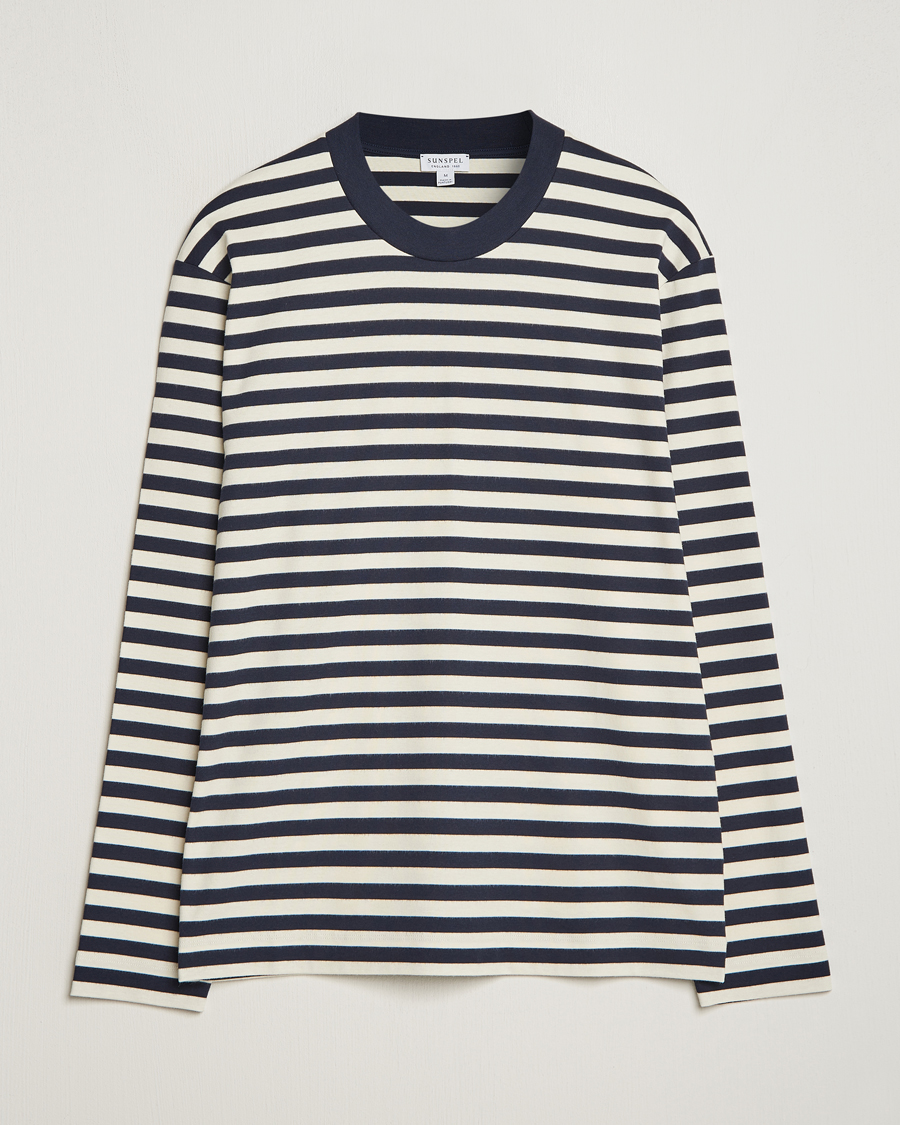 Herre | T-Shirts | Sunspel | Heavyweight Mock Neck Long Sleeve T-Shirt Navy/Ecru