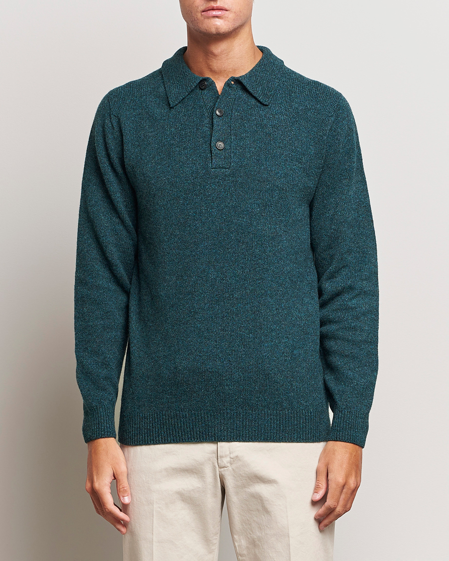 Herre | Strikkede polotrøjer | Sunspel | Lambswool Poloshirt Peacock